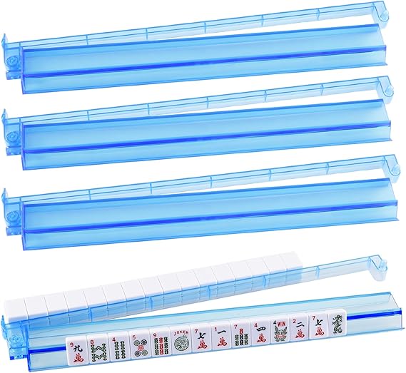 Photo 1 of All-in-One Tile Rack & Pusher, Clear Acrylic Mahjong Combo, Modern American Majiang Tile Set of 4 (Blue)
