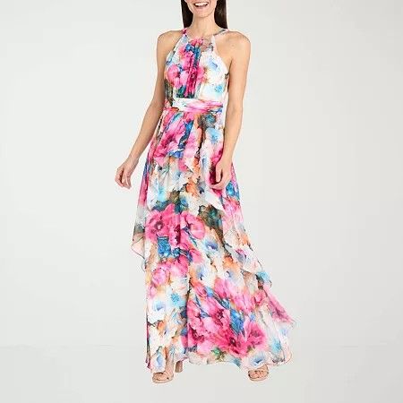 Photo 1 of R & M Richards Women's Floral Chiffon Ruffle-Skirt Halter Dress - Fuchsia - 8
