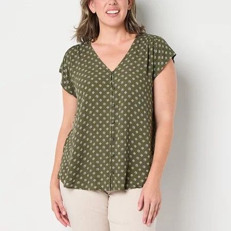 Photo 1 of Liz Claiborne Women's V Neck Short Sleeve Blouse, X-large, Green
