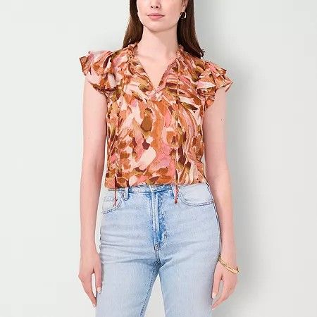 Photo 1 of Sam and Jess Women's Split Tie Neck Short Sleeve Blouse, X-small, Brown

