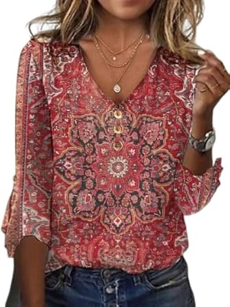 Photo 1 of Women's Boho Ruffle 3/4 Sleeve Shirt Dressy Casual Floral Print V Neck Blouse Plus Size Vintage Ethnic Print Shirts Top - M 