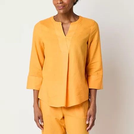 Photo 1 of Liz Claiborne Women's V Neck 3/4 Sleeve Blouse, Large, Yellow
