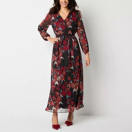 Photo 1 of Robbie Bee Women's Long Sleeve Floral Maxi Dress Petite, 12 Petite, Black
