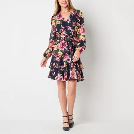 Photo 1 of R & K Originals Women's Long Sleeve Floral Fit + Flare Dress, 16, Blue
