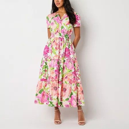 Photo 1 of Be by CHETTA B Women's Short Sleeve Floral Maxi Dress Petite, Petite Large, Pink
