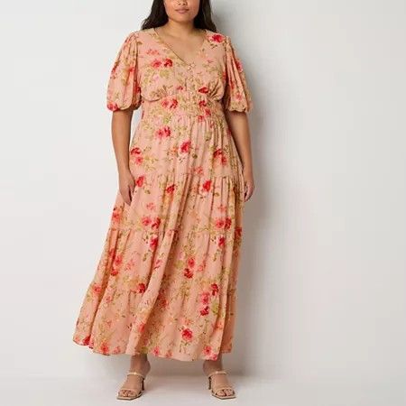 Photo 1 of Melonie T Women's Short Sleeve Floral Maxi Dress Plus, 18w, Orange
