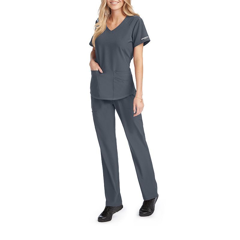 Photo 1 of Skechers Breeze 3-Pocket Curved Women's V Neck Short Sleeve Tag Free Stretch Fabric Moisture Wicking Scrub Top, Large, Gray
