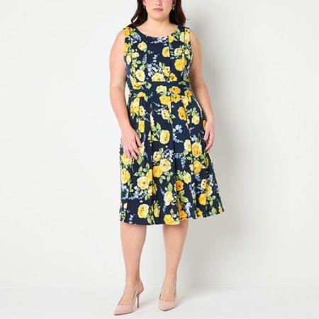 Photo 1 of Perceptions Women's Sleeveless Floral MIDI Fit + Flare Dress Plus, 2x, Blue
