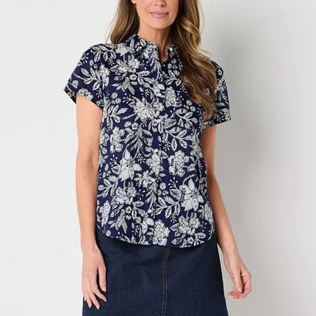Photo 1 of St. John's Bay Womens Short Sleeve Adaptive Regular Fit Easy-on + Easy-off Hidden Access Opening Button-Down Shirt, X-large, Blue

