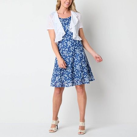 Photo 1 of Perceptions Women's Floral Jacket Dress Petite, Petite Medium, Blue
