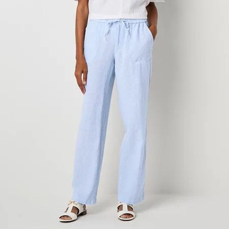 Photo 1 of Liz Claiborne Linen Women's Wide Leg Mid Rise Loose Fit Drawstring Pant, Large, Blue
