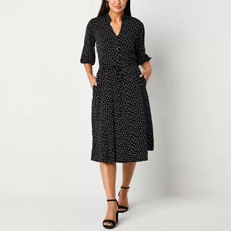 Photo 1 of Studio 1 Women's Elbow Sleeve Dots MIDI Fit + Flare Dress, Medium, Black
