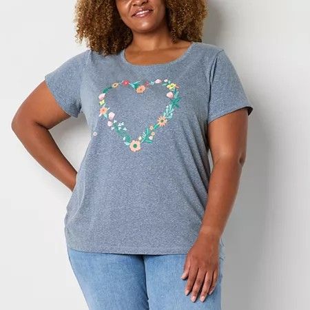 Photo 1 of St. John's Bay Plus Women's Crew Neck Short Sleeve Graphic T-Shirt, 1x, Blue
