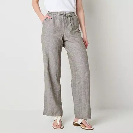 Photo 1 of Liz Claiborne Linen Womens Mid Rise Wide Leg Drawstring Pants, Medium, Green
