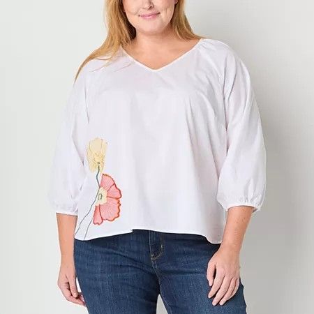 Photo 1 of St. John's Bay Plus Womens V Neck 3/4 Sleeve Embroidered Blouse, 2x, White
