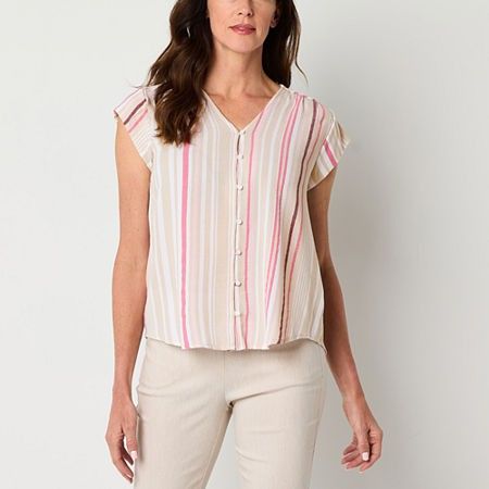 Photo 1 of Liz Claiborne Womens V Neck Short Sleeve Blouse, Large, White
