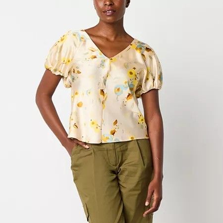 Photo 1 of Worthington Womens V Neck Short Sleeve Satin Blouse, X-large, Beige

