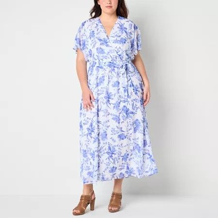 Photo 1 of Studio 1 Womens Short Sleeve Floral MIDI Maxi Dress Plus, 20w, Blue
