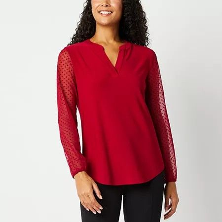 Photo 1 of Black Label by Evan-Picone Womens Split Crew Neck Long Sleeve Blouse, Large, Red
