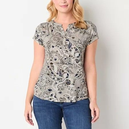 Photo 1 of Liz Claiborne Womens Split Crew Neck Short Sleeve Blouse, Large, Beige
