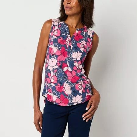Photo 1 of Liz Claiborne Womens Split Crew Neck Sleeveless Tank Top, Medium, Blue + Pink 
