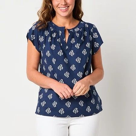 Photo 1 of St. John's Bay Womens Split Crew Neck Short Sleeve Blouse, Small, Blue
