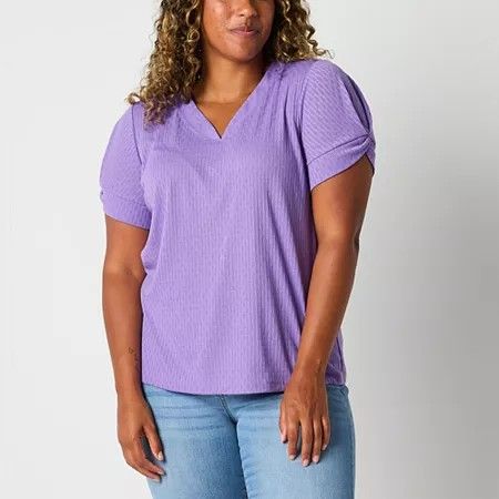 Photo 1 of Liz Claiborne Womens V Neck Short Sleeve Blouse, Large, Purple
