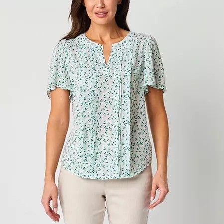 Photo 1 of Liz Claiborne Womens Split Crew Neck Short Sleeve Blouse, Large, White
