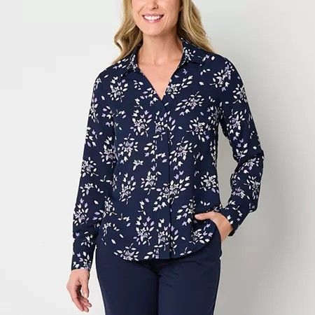 Photo 1 of Liz Claiborne Adaptive Women's Long Sleeve Adaptive Easy-on + Easy-off Blouse, Small, Blue
