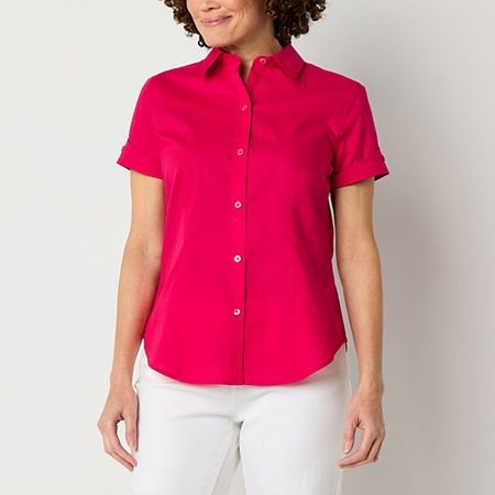 Photo 1 of Liz Claiborne Women's Short Sleeve Regular Fit Button-Down Shirt, Medium, Pink
