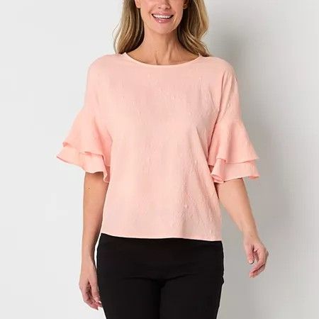 Photo 1 of Liz Claiborne Women's Round Neck Elbow Sleeve Blouse, Petite Medium, Pink
