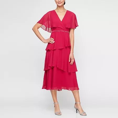 Photo 1 of S. L. Fashions Women's Short Sleeve Embellished MIDI Fit + Flare Dress, 14, Pink