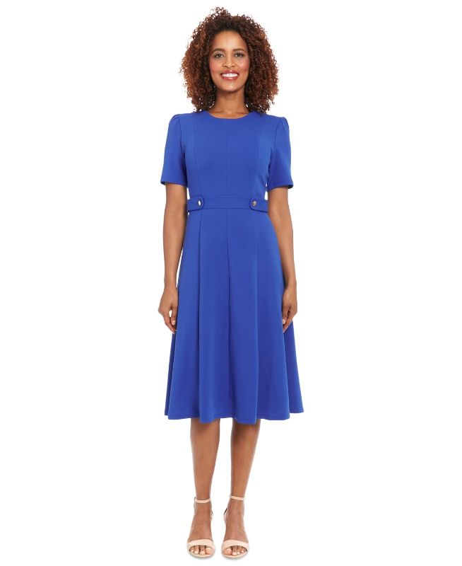 Photo 1 of London Times Women's Puff-Sleeve Tab-Detail Fit & Flare Dress - B. Cobalt
