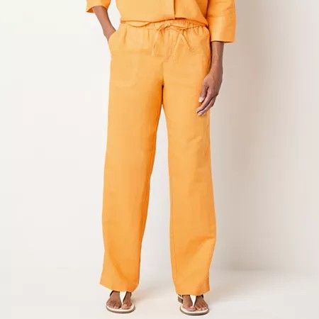 Photo 1 of Liz Claiborne Linen Women's Mid Rise Wide Leg Drawstring Pants - Tall, Small Tall, Yellow
