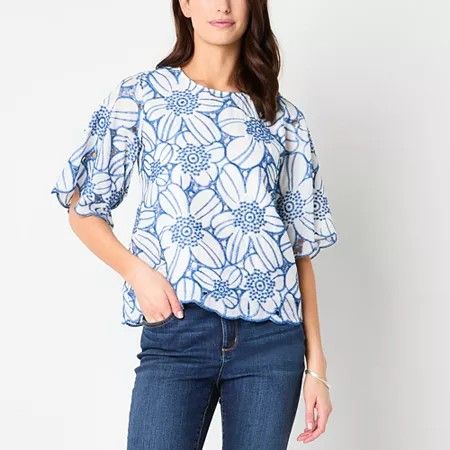 Photo 1 of 52seven Women's U Neck Short Sleeve Embroidered Blouse, Medium, Blue
