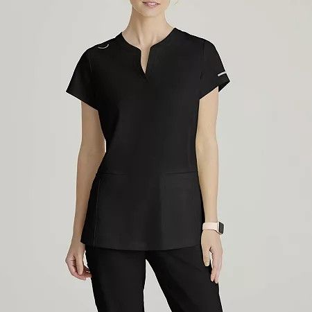 Photo 1 of Skechers Skt259 Coast 2-Pocket Top Women's V Neck Short Sleeve Tag Free Stretch Fabric Moisture Wicking Scrub Top, Large, Black
