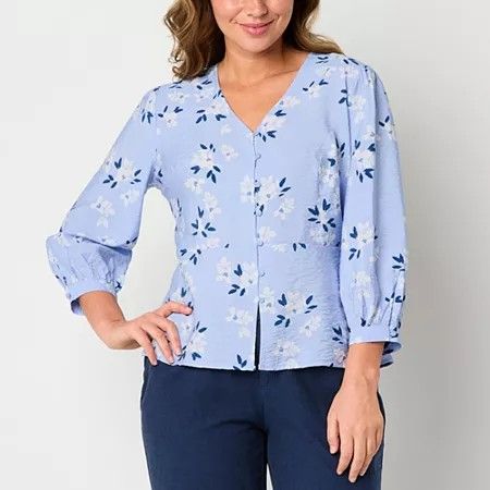 Photo 1 of Liz Claiborne Women's V Neck 3/4 Sleeve Peplum Top, Medium, Blue
