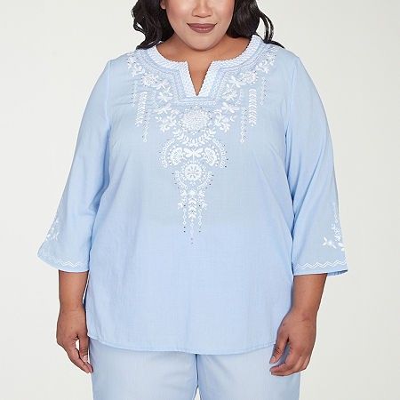 Photo 1 of Alfred Dunner St Thomas Women's Split Crew Neck 3/4 Sleeve Embroidered Plus Blouse, 1x, Blue

