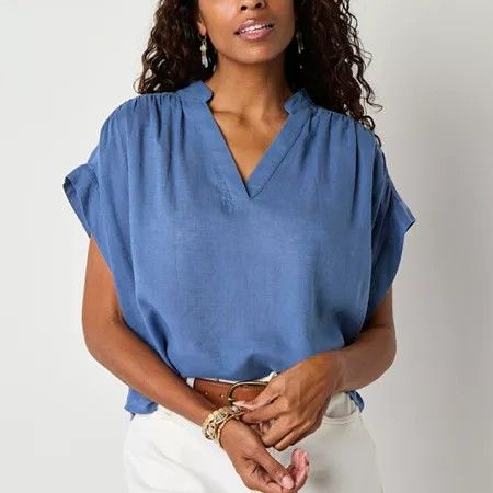 Photo 1 of A.n.a Women's Split Crew Neck Short Sleeve Blouse, Petite Large, Blue
