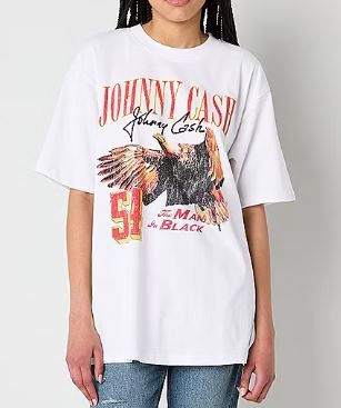 Photo 1 of New World Johnny Cash Ring Of Fire Oversized Tee Women's Crew Neck Short Sleeve Loose Fit Juniors Graphic T-Shirt - XS
