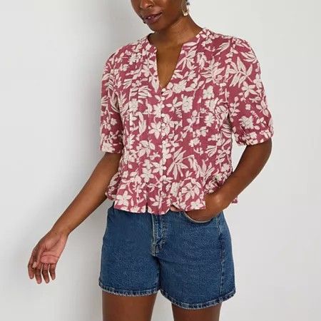 Photo 1 of A.n.a Pleated Women's Split Crew Neck Elbow Sleeve Button Down Blouse, X-large, Red
