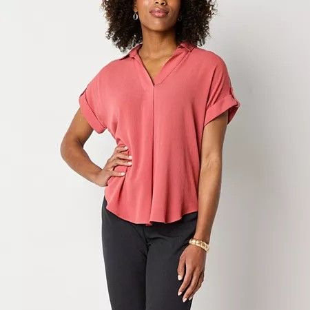 Photo 1 of Liz Claiborne Women's V Neck Short Sleeve Blouse, Large, Pink
