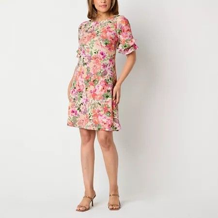 Photo 1 of Perceptions Women's Short Sleeve Floral Shift Dress, Large, Beige
