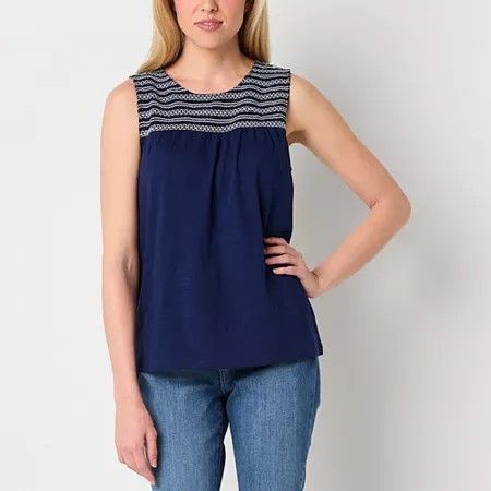 Photo 1 of St. John's Bay Woman's Round Neck Sleeveless Tank Top, Petite Medium, Blue