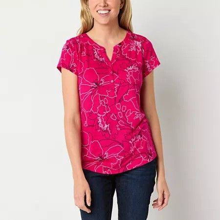 Photo 1 of Liz Claiborne Women's Split Crew Neck Short Sleeve Blouse, Medium, Pink
