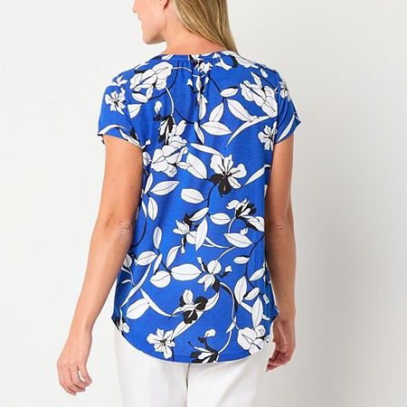 Photo 1 of Liz Claiborne Women's Split Crew Neck Short Sleeve Blouse, Large, Blue
