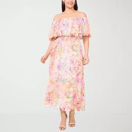 Photo 1 of Sam and Jess Women's Off the Shoulder Short Sleeve Floral Maxi Dress Plus, 1x, Pink