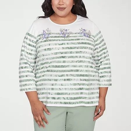 Photo 1 of Alfred Dunner Santa Fe Women's Plus Crew Neck 3/4 Sleeve Stretch Fabric T-Shirt, 2x, Green
