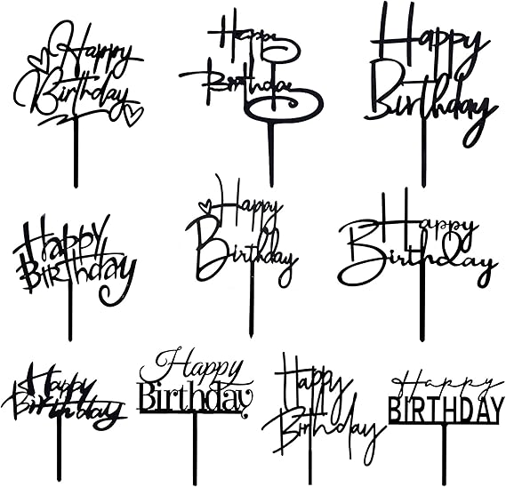Photo 1 of 10 PCS Black Happy Birthday Cake Topper Acrylic Cupcake Topper A Series of Birthday Cake Supplies Decorations
