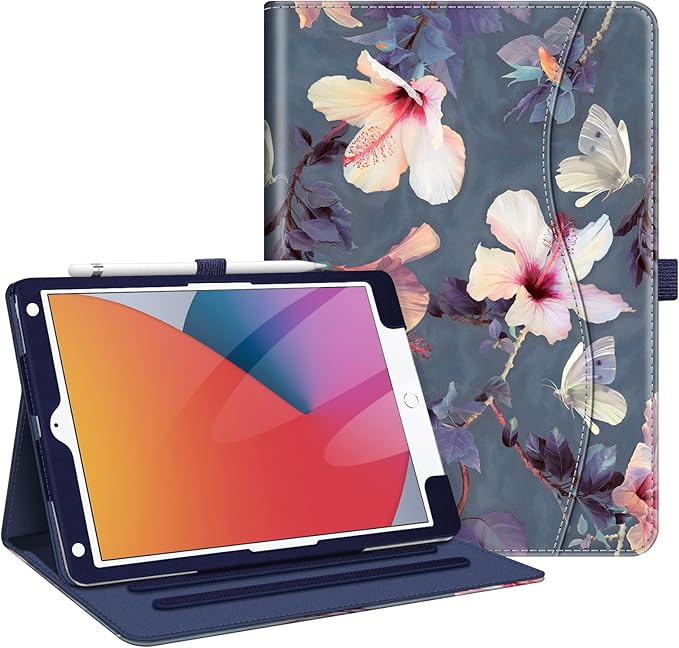 Photo 1 of Fintie Case for iPad 9th / 8th / 7th Generation (2021/2020/2019) 10.2 Inch - [Corner Protection] Multi-Angle Viewing Stand Cover with Pocket & Pencil Holder, Auto Sleep Wake, Blooming Hibiscus
